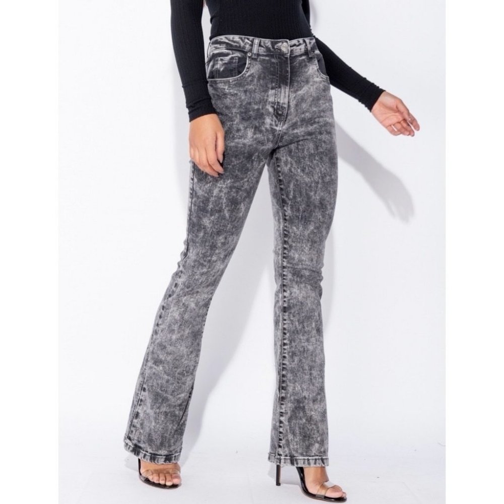 Gray Acid Wash High Waist Skinny Flare Denim Jeans - Picture 5 of 10